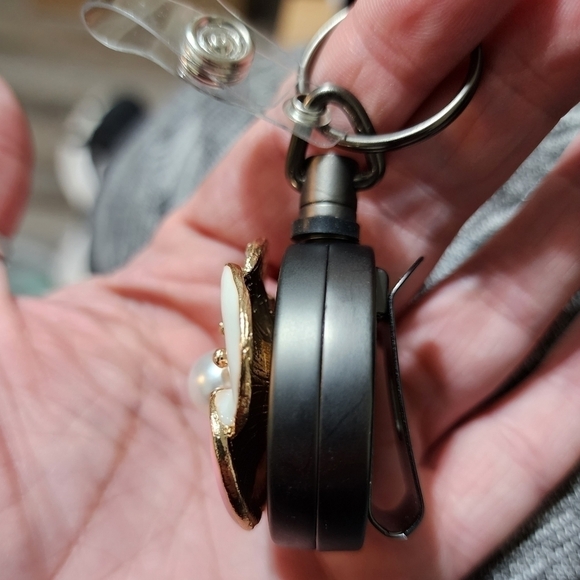 NEW Flower Pink White Enamel Rhinestone Badge Name Tag ID Clip Nurse Medical Job - Picture 8 of 11